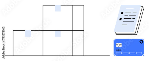 Stacked boxes with labels, documents, and a blue card emphasize storage, shipping, and management processes. Ideal for logistics, inventory, shipping, business e-commerce efficiency planning