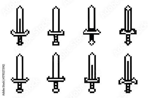 Pixel Sword Icon Set – Minimalist RPG Blades, Retro Weapon Designs & 8-Bit Armory in Black and White