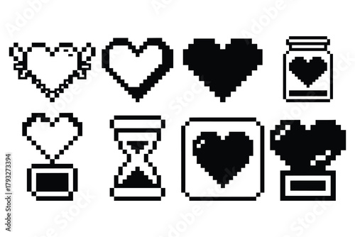 Pixel Heart Icon Pack – Retro Love Symbols, Trophy Hearts & 8-Bit Emotion Designs in Black on White