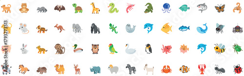 Giant Vector Collection of Cute Cartoon Animal Emojis and Full Body Icons. Flat Design Wildlife for Kids, Apps, and Educational Content.