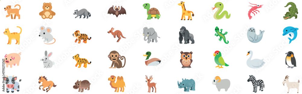 Obraz premium Giant Vector Collection of Cute Cartoon Animal Emojis and Full Body Icons. Flat Design Wildlife for Kids, Apps, and Educational Content.