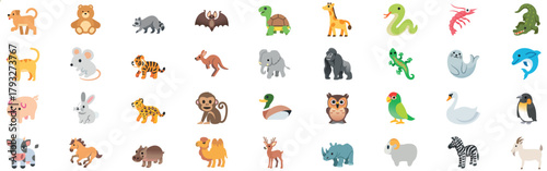 Giant Vector Collection of Cute Cartoon Animal Emojis and Full Body Icons. Flat Design Wildlife for Kids, Apps, and Educational Content.