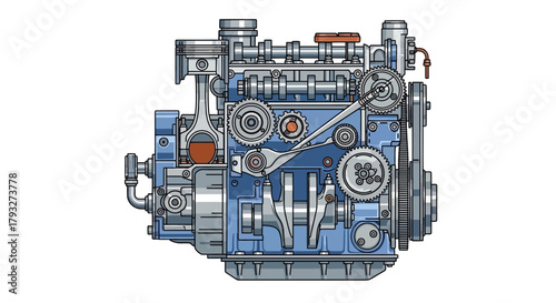 Detailed illustration of a complex internal combustion engine mechanism.