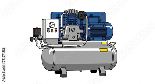 Illustration of a blue and silver industrial air compressor machine.