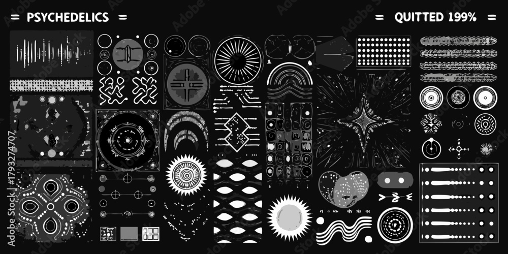 Fototapeta premium Abstract psychedelic symbols and patterns in black and white with a grunge texture