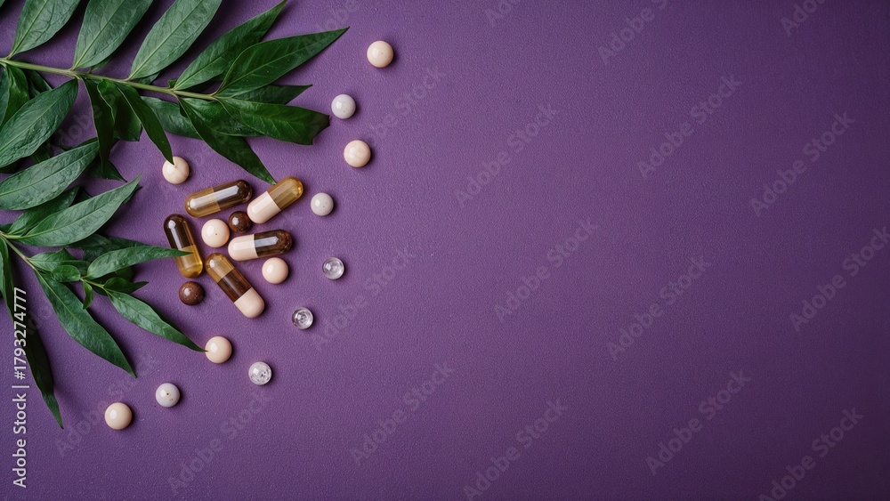 Fototapeta premium Supplements and pills with green leaves on purple background.