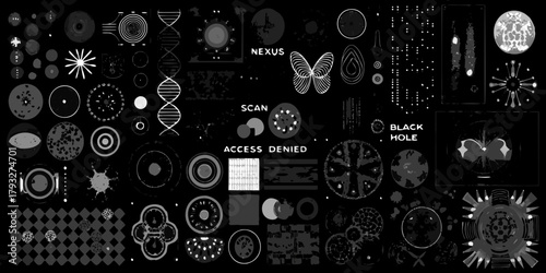 Abstract digital collage of scientific and technological elements including dna black hole nexus and scan symbols