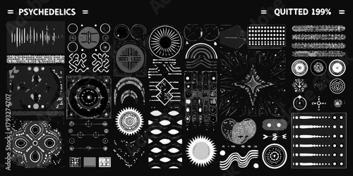 Abstract psychedelic symbols and patterns in black and white with a grunge texture