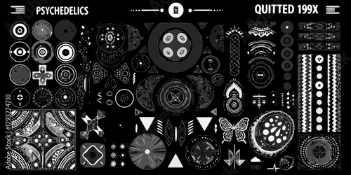 Collection of psychedelic and tribal inspired black and white graphic elements and symbols