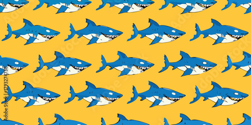 Seamless pattern of cartoon sharks with big smiles and sharp teeth on a yellow background