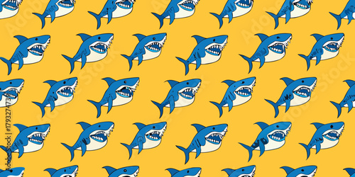 A playful pattern of cartoon sharks with wide open mouths and sharp teeth on a bright yellow background