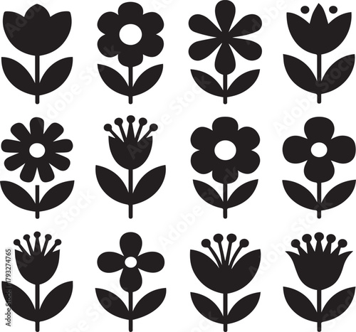 Twelve black silhouette flower icons with stems and leaves on white vector