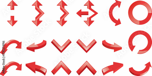 Collection of red 3d arrows showing different directions and movements