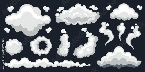 Collection of stylized cartoon smoke and cloud elements on a dark background