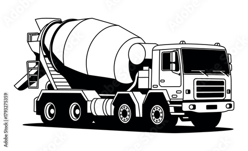 A concrete mixer truck is ready for work on a construction site.