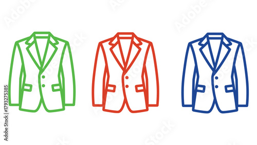 Three different colored blazers are displayed in a row against a white background.