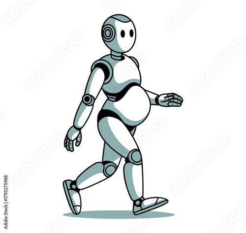 A robot with a pregnant belly walks forward against a white background.