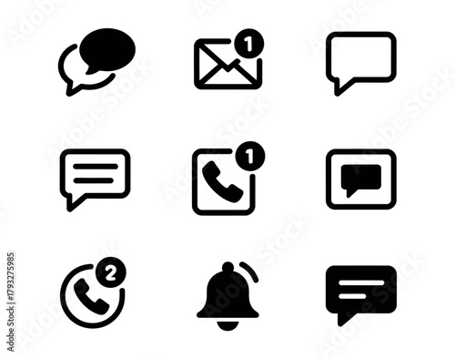 A grid of nine communication icons represents messaging, calls, and notifications.