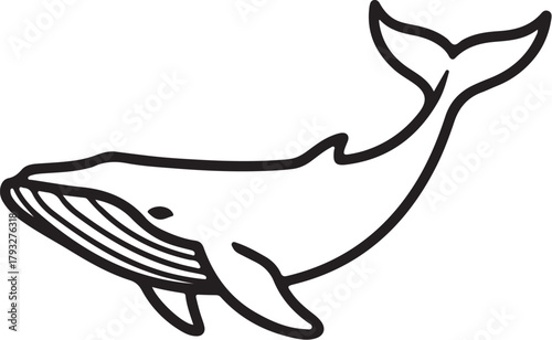 Black and white outline illustration of a humpback whale swimming marine life ocean on transparent background