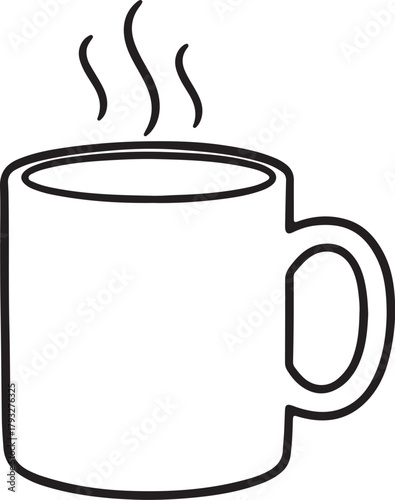 Black and white outline of a steaming coffee mug hot drink beverage on transparent background
