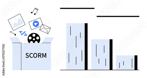 Open box labeled SCORM contains media files thumbs up images, video, music, code, and emails next to bar graph analytics. Ideal for e-learning, data visualization, content packaging, digital