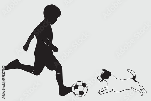 Boy playing soccer with Jack Russell Terrier dog silhouette Art and Illustration
