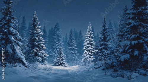 winter night landscape snowy forest and fir branches