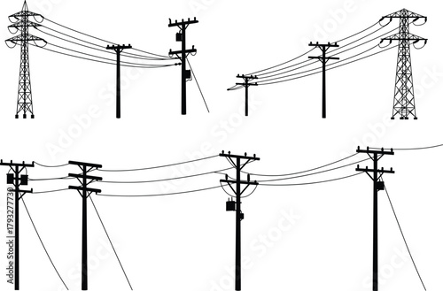 Utility pole and transmission tower silhouette set with power lines, electrical cables, transformers, overhead energy infrastructure
