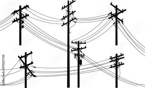 Utility pole silhouette collection with power lines, electrical cables, transformers, overhead wiring, detailed urban infrastructure elements