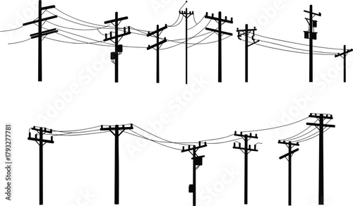Utility pole silhouette collection with power lines, electrical cables, transformers, overhead wiring, rural and urban infrastructure