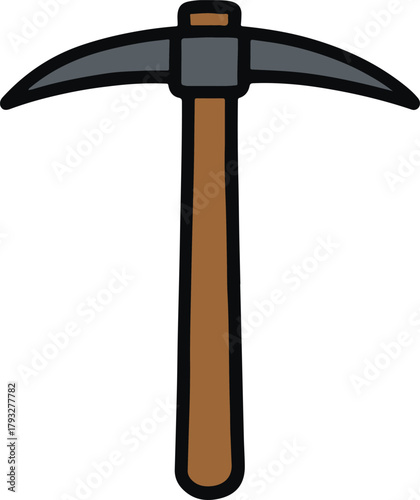 Classic pickaxe mining tool with wooden handle, simple construction equipment vector illustration