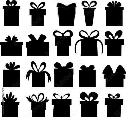 Black gift boxes set with ribbon bow icons for Christmas, birthday, or holiday celebration design