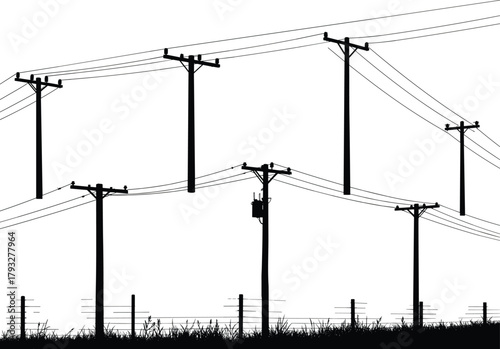 Utility pole silhouette scene with power lines, rural fence, electrical cables, countryside infrastructure, landscape illustration