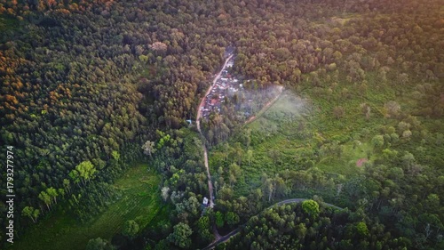 Aerial landscape of the lush green BR Hills near Bangalore, featuring dense forests, rolling hills, and serene water bodies.