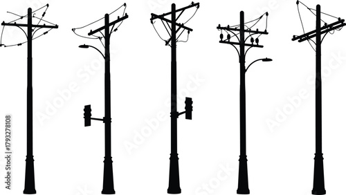 Utility pole silhouette set with power lines, streetlights, traffic signals, electrical infrastructure, urban city elements