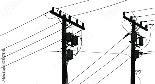 Utility pole vector illustration with transformers, power lines, electrical equipment, overhead wiring, urban energy distribution infrastructure