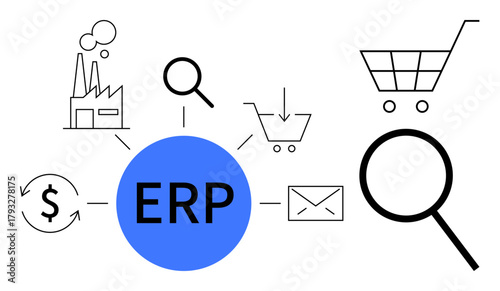 ERP system visual with magnifying glass, shopping carts, factory, dollar sign, and envelope. Ideal for business solutions, process management, logistics, supply chain finance e-commerce workflow