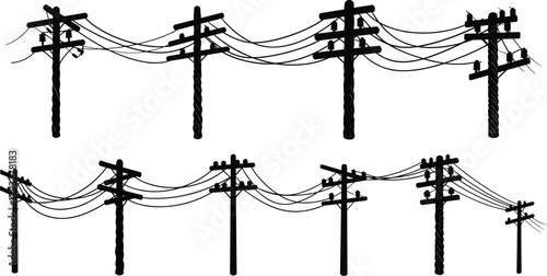 Utility pole vector set with power lines, electrical cables, wooden posts, overhead wiring, urban infrastructure silhouettes