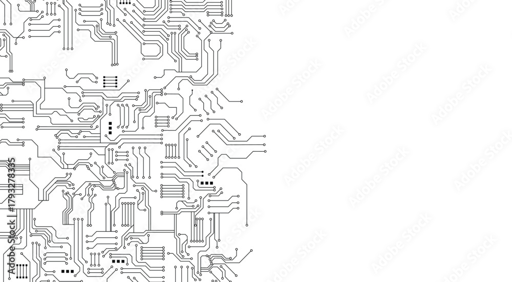 Obraz premium Abstract circuit board background. Technology connected white lines with electronics elements on tech bg. Computer motherboard with chip, and semiconductor. Elegant gray digital vector illustration