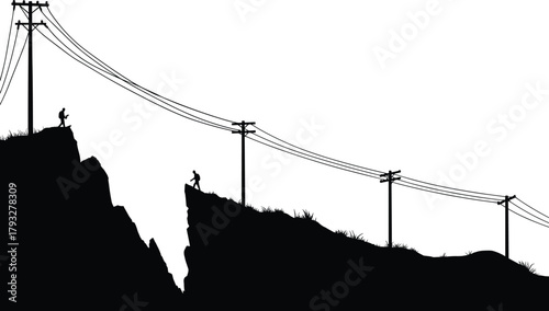 Utility poles on mountain cliff silhouette with hikers, power lines, dramatic landscape, adventure and outdoor scene