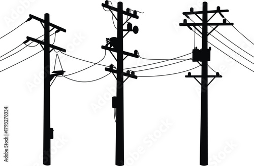 Utility poles with power lines, transformer, raccoon silhouette, wooden electric posts, communication cables, detailed electricity distribution illustration design, vector artwork
