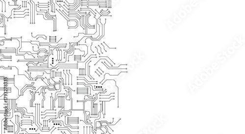 Abstract circuit board background. Technology connected white lines with electronics elements on tech bg. Computer motherboard with chip, and semiconductor. Elegant gray digital vector illustration