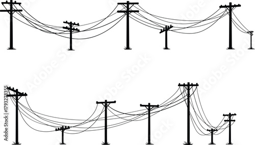 Utility poles with sagging power lines, communication cables, rural electrical posts, detailed silhouette vector illustration of power distribution network design