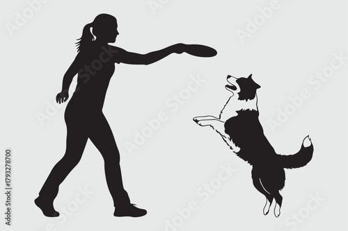Woman playing frisbee with Border collie  dog silhouette vector Art and Illustration
