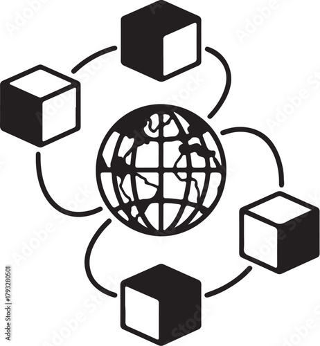 Abstract network of cubes connected to a globe representing global connectivity world earth on transparent background