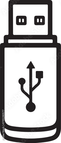 Black and white icon of aUSB flash drive with aUSB symbol memory stick storage on transparent background