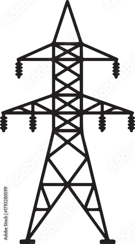 Black and white illustration of an electricity pylon with insulators power line tower transmission tower on transparent background