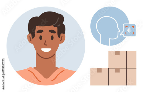 Cheerful man surrounded by voice recognition graphic and stacked boxes. Ideal for communication, technology, voice assistant, logistics, e-commerce, delivery, user-friendly interaction. Simple flat