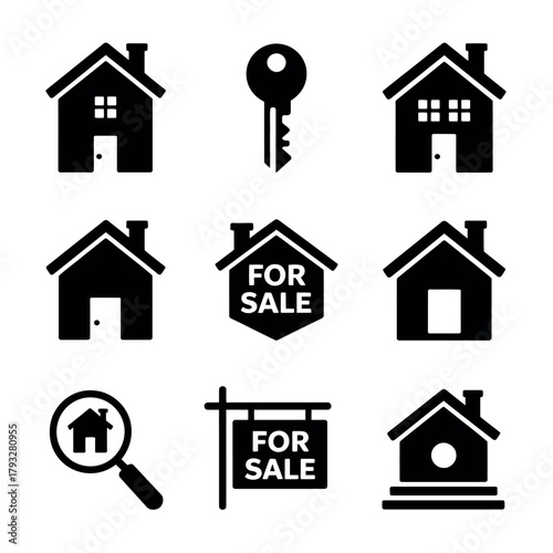 A collection of simple black icons representing houses, a key, and for sale signs symbolizes real estate.