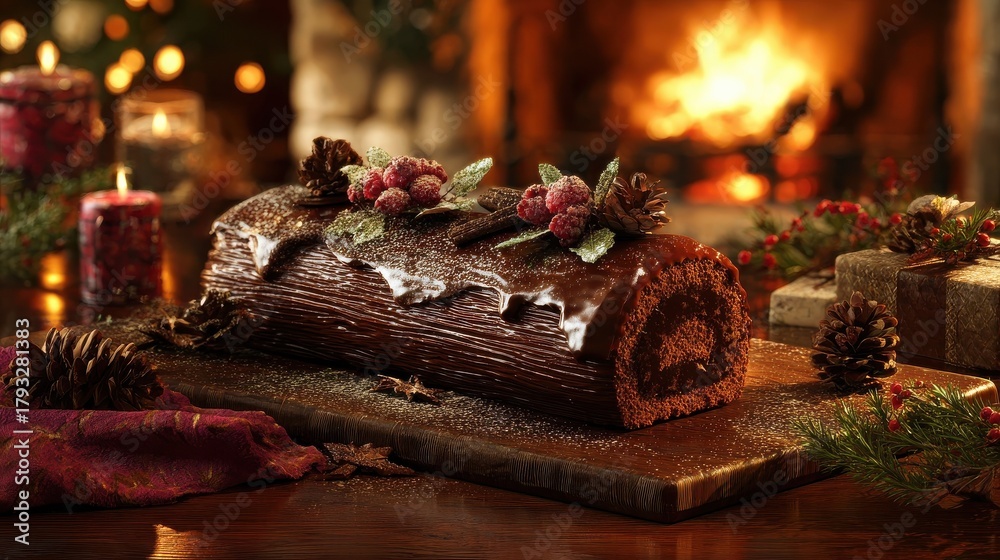 Naklejka premium french chocolate yule log cake on cozy christmas table by fireplace